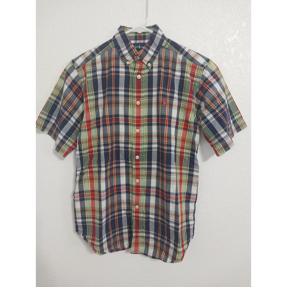 Ralph Lauren Boys Size M Short Sleeve Button Multi Color Plaid Shirt Pony Logo